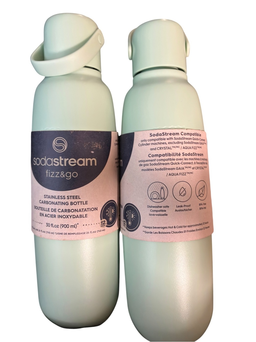 Set of 2 NWT Sodastream 30 oz Fizz & Go Stainless Steel Carbonating Bottle, Mint